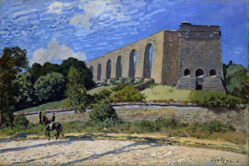 Aqueduct at Marly de Alfred Sisley, pintura a óleo que retrata uma paisagem serena com arcos e água
