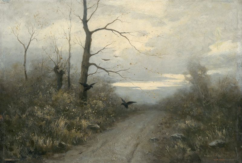 Winter Landscape by Felicián Moczik, oil on canvas depicting a snowy path through a tranquil forest.