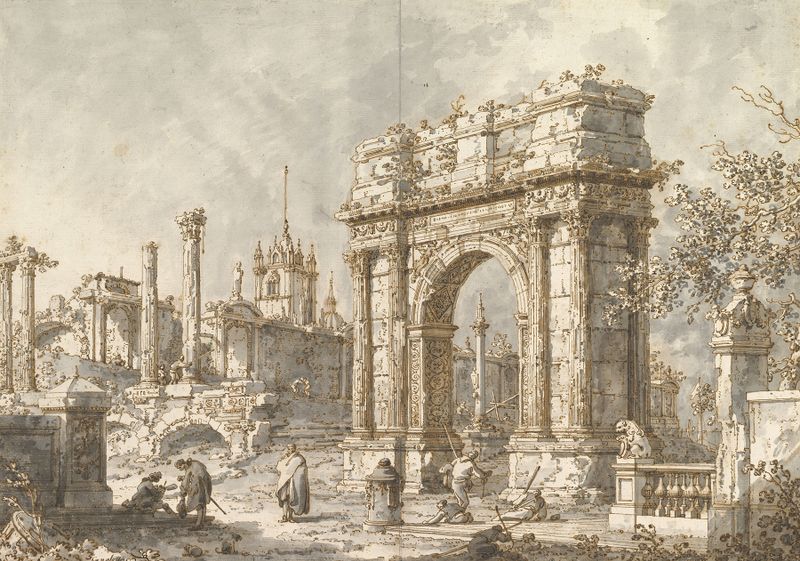 Capriccio com um Arco Triunfal Romano, óleo sobre tela de Canaletto