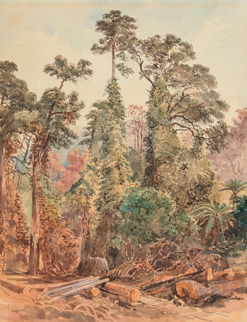 Landscape with a bush tramway and greenery by Nicholas Chevalier, oil painting.