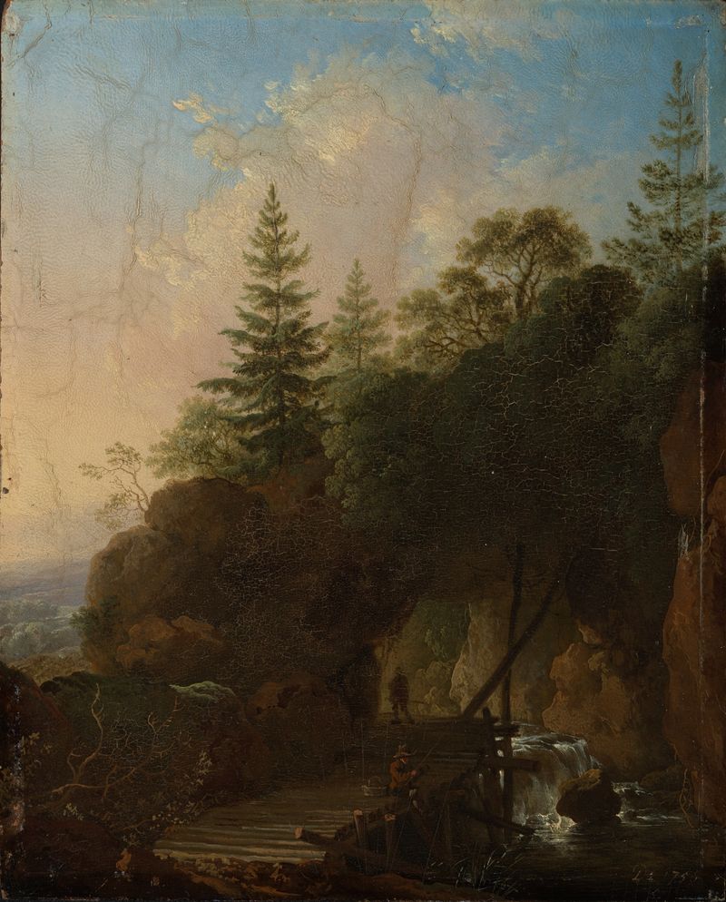 Rococo landscape with waterfall and wooden bridge by Christian Wilhelm Ernst Dietrich