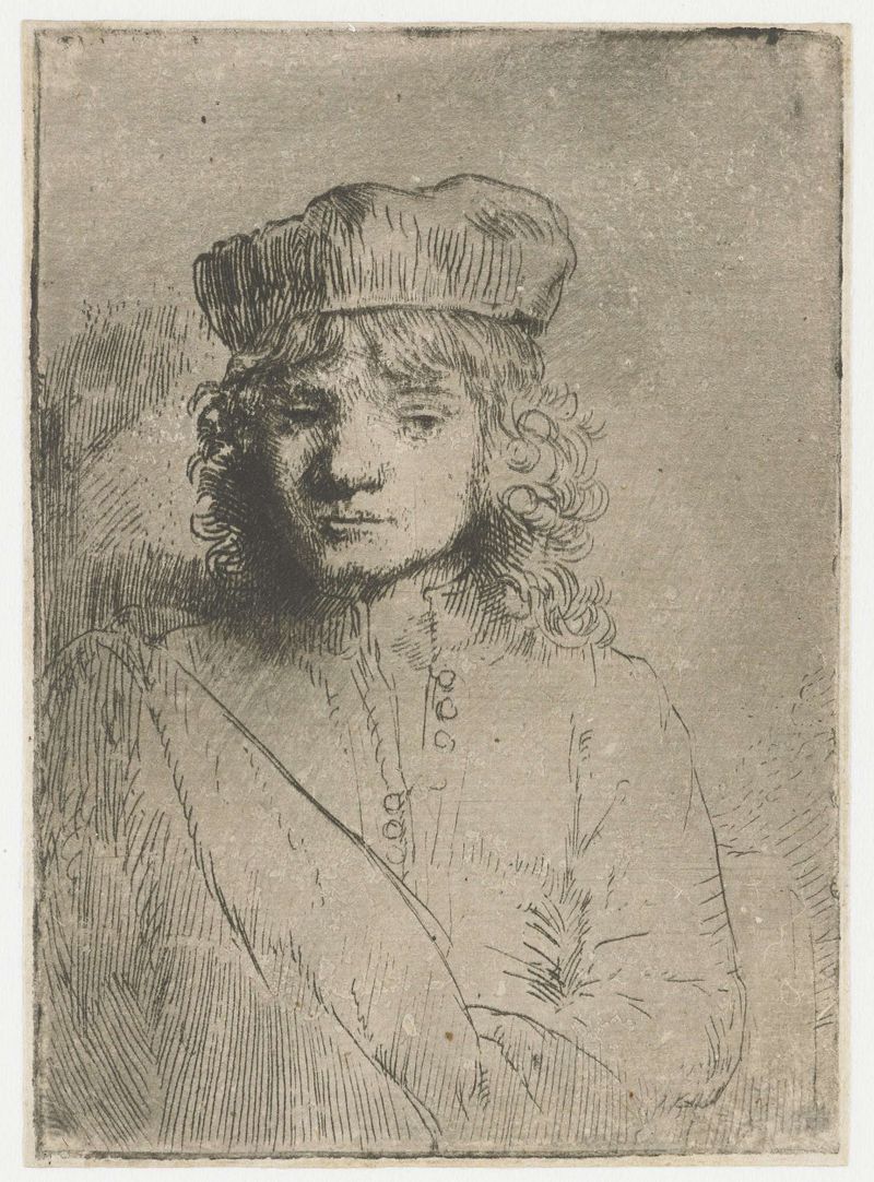 Gravura de Titus por Rembrandt van Rijn, destacando seu cabelo e olhar pensativo