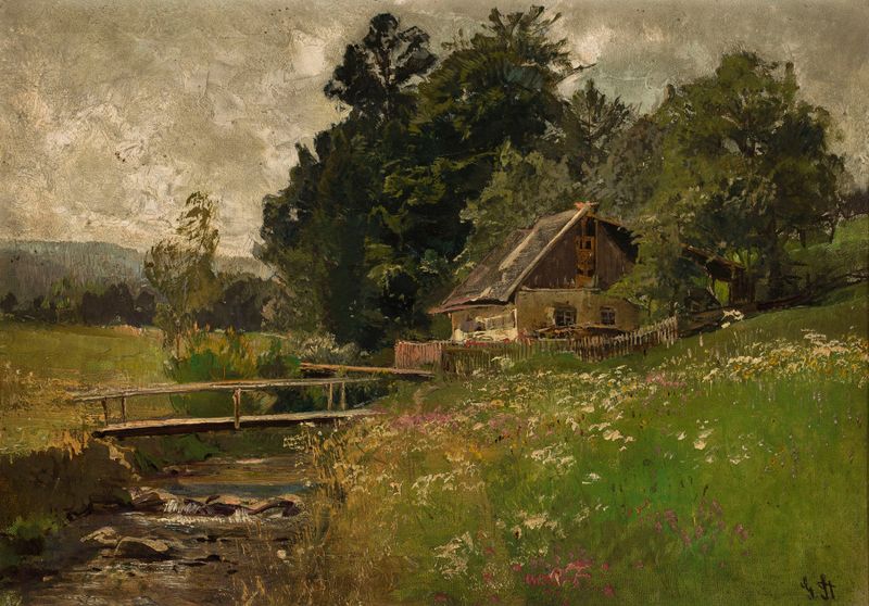 Cottage at a creek, oil on canvas by Gertrud Staats, depicting lush greenery and golden light.