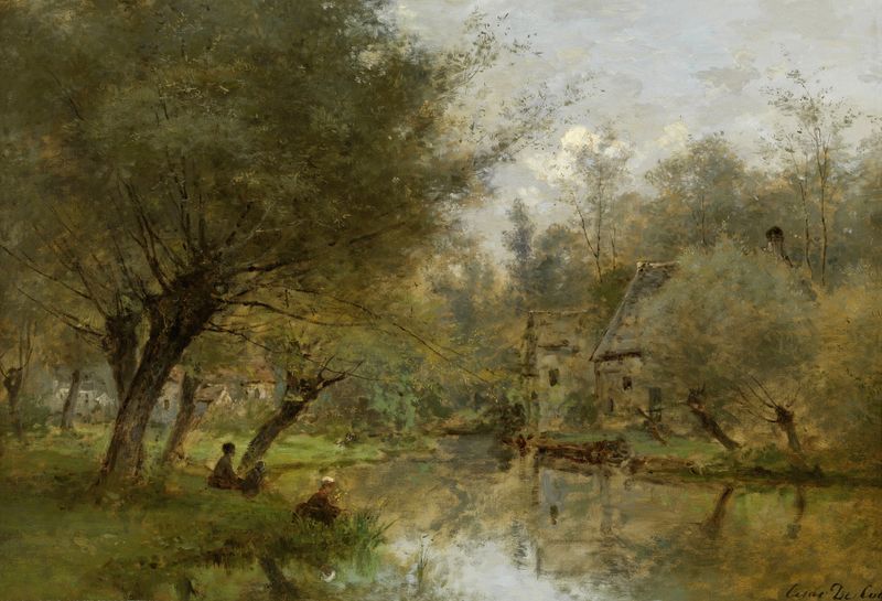 Landscape near Saint-Germain-en-Laye by César De Cock, oil painting depicting rolling hills and a soft blue sky.