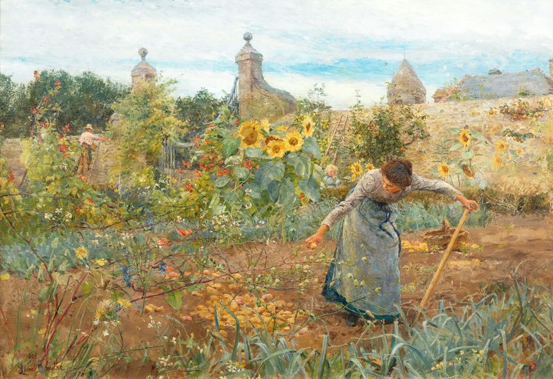 O jardim, Chateau Honvault de Lionel Percy Smythe, retratando uma menina em um jardim, pintura a óleo