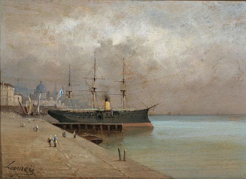 Escena marina que muestra reflejos en el agua al anochecer, pintura al óleo de Lannóy