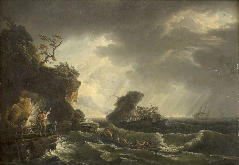 A Shipwreck de Claude-Joseph Vernet, pintura a óleo mostrando figuras lutando com um naufrágio.
