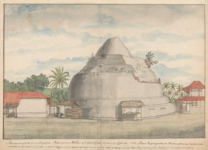 Kalyani stupa op Ceylon by Jan Brandes, depicting a stupa in serene landscape, medium unknown.