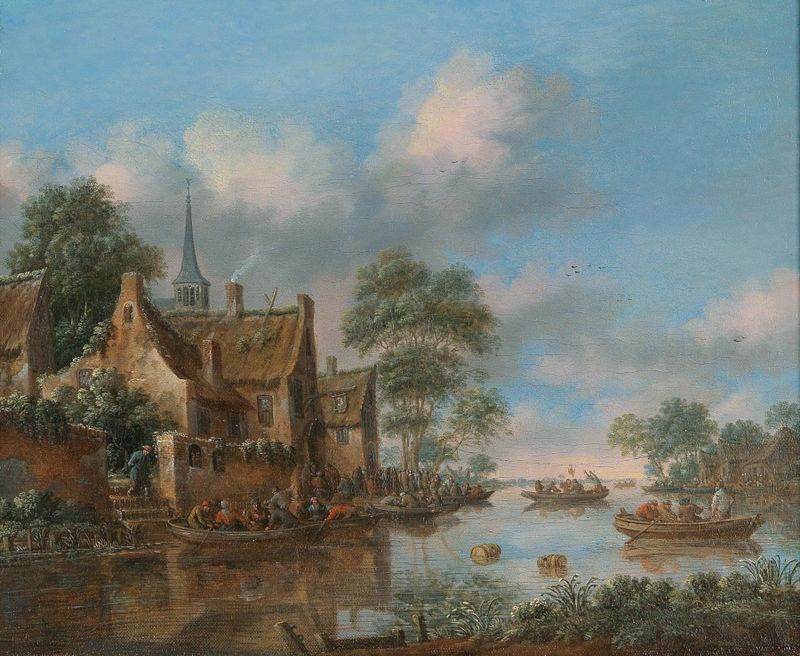 Uma paisagem fluvial com pescadores, óleo sobre tela de Thomas Heeremans