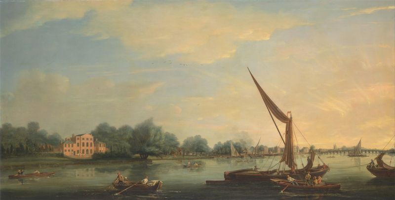 The Thames at Chelsea de Thomas Whitcombe, pintura al óleo que representa una escena serena del río con luz solar y agua.