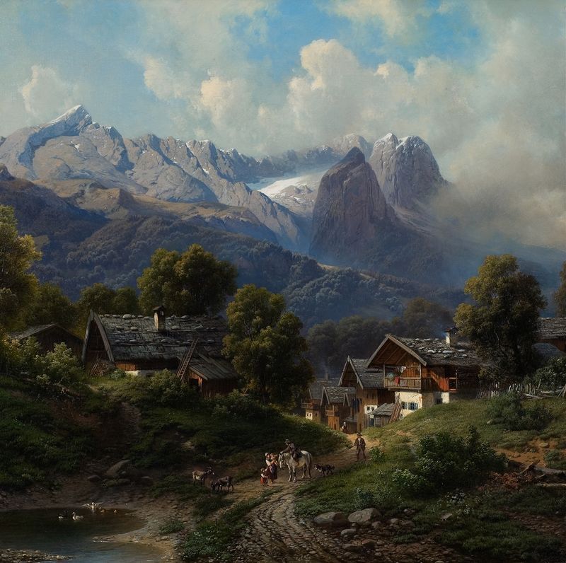 Pintura de paisaje al óleo de Carl Millner que representa el amanecer sobre un pueblo bávaro.