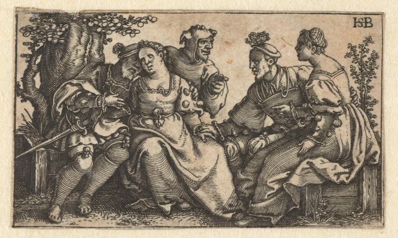 Gravura de Hans Sebald Beham mostrando dois casais em conversa, iluminados por luz suave.