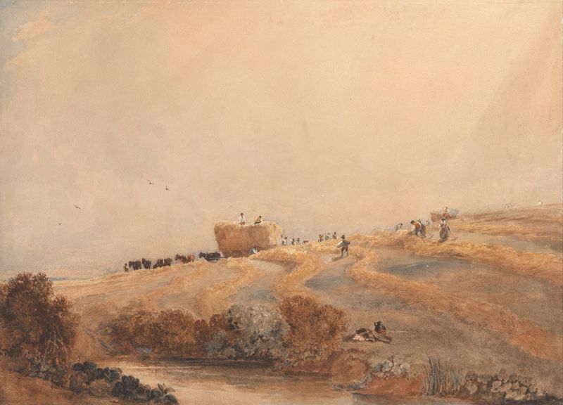Haymaking de David Cox, pintura a óleo que retrata trabalhadores colhendo feno em um campo dourado.