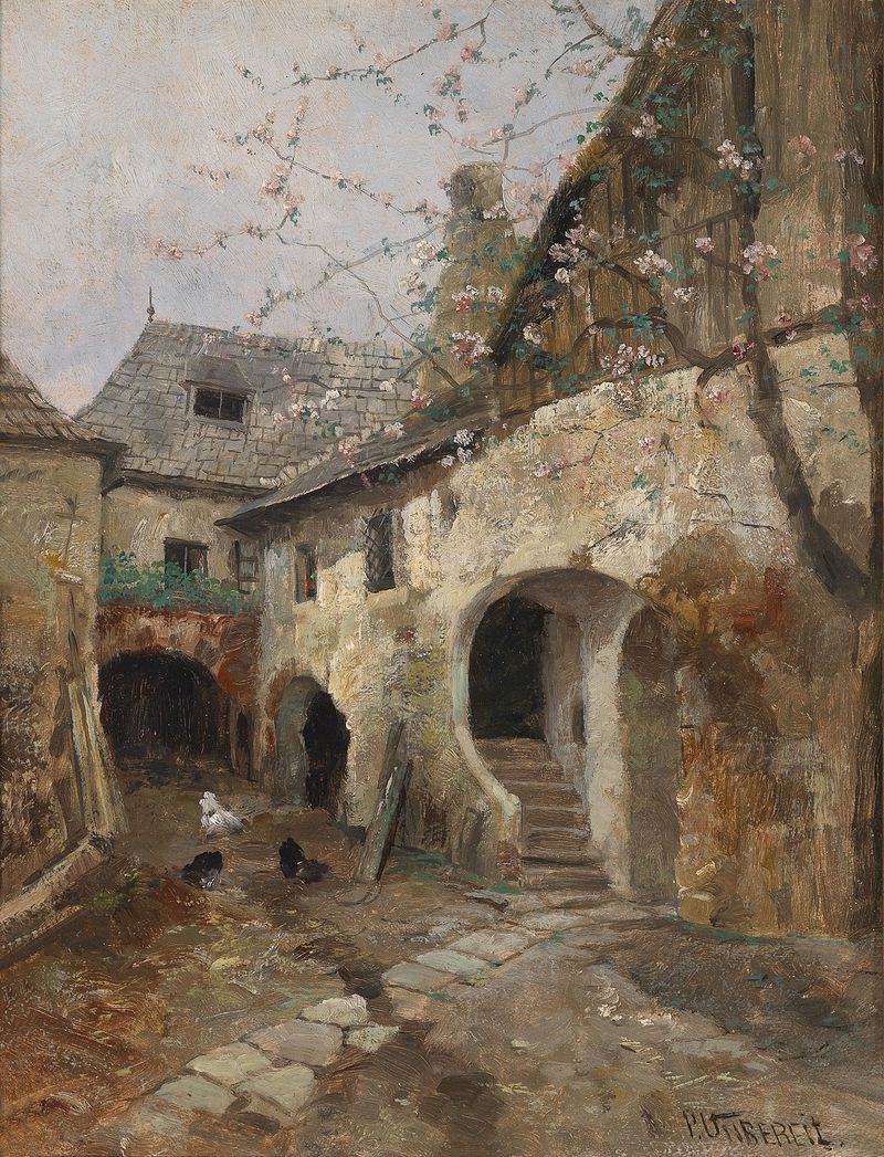 Pintura a óleo de paisagem por Paul Unbereit, mostrando tons suaves e luz sobre campos.