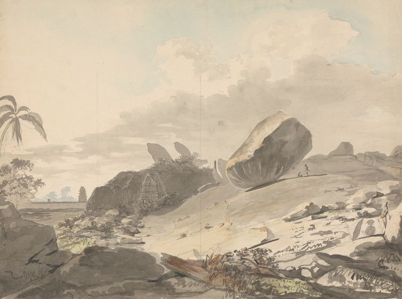 The Seven Pagodas, architecture by Samuel Davis, oil painting depicting stone formations and vibrant landscape.