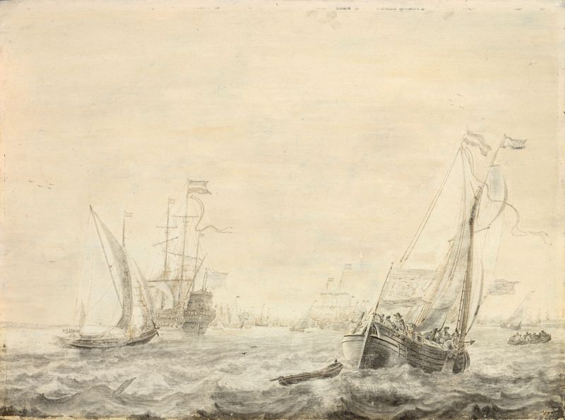 Seascape de Cornelis Pietersz de Mooy, século XVII, pintura a óleo que retrata um vasto oceano e horizonte.