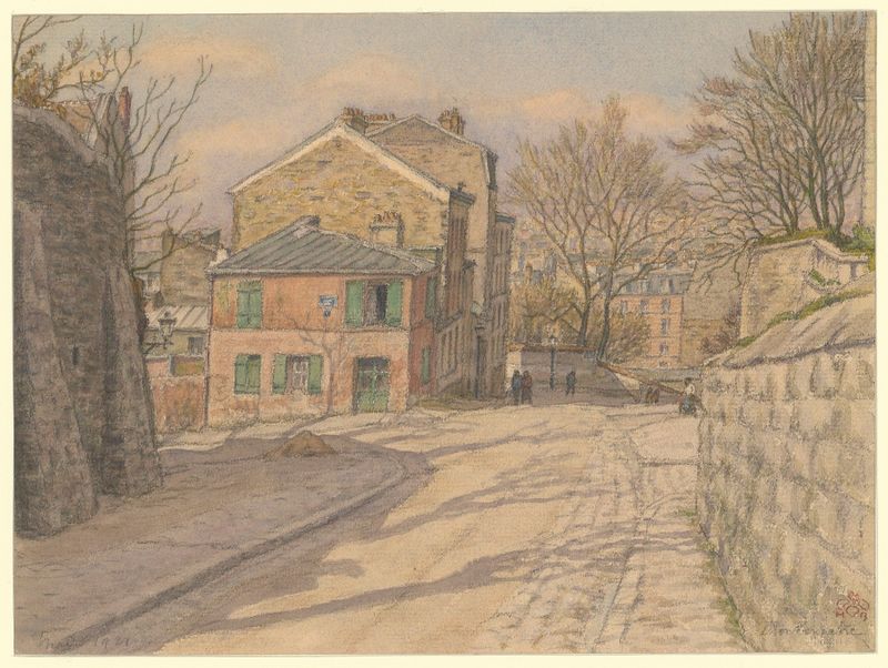 Watercolour by Henri Rivière depicting a Montmartre street at dawn