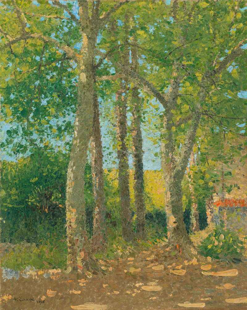 Paysage aux grands arbres by Achille Laugé, oil on canvas featuring towering trees and vibrant nature.
