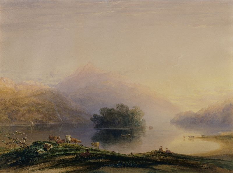 Loch Katrine by Copley Fielding, oil painting depicting tranquil hills and water.