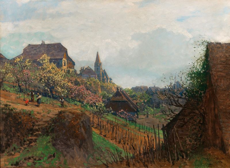A vineyard landscape with sunlight, oil on canvas by Heinrich Tomec