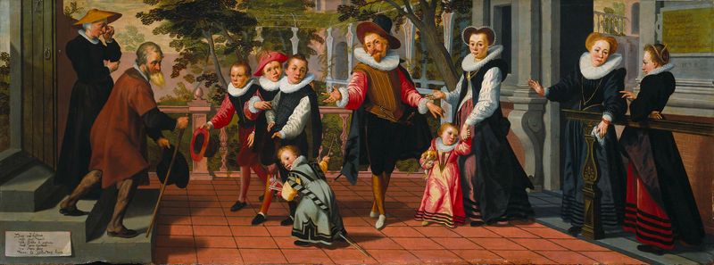 Cena de gênero de uma criança rica rejeitando o pedido dos pais, óleo sobre painel de Aert Pietersz.