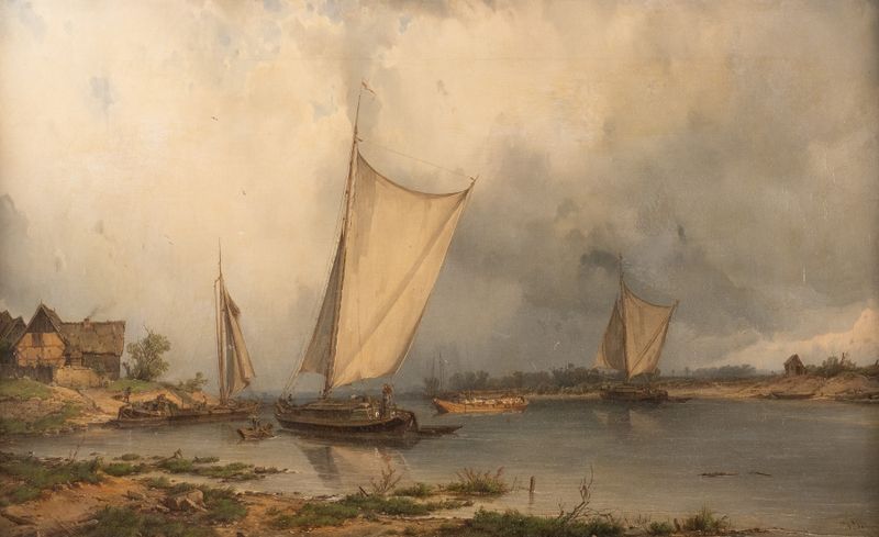Barges by Carl Julius von Leypold, realism, depicting a river scene with boats and a tranquil sky.