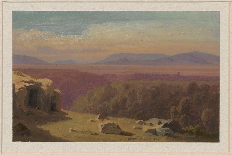 Ancient caves near Rome de Arthur Blaschnik, pintura a óleo que retrata uma paisagem rochosa com luz e sombras.