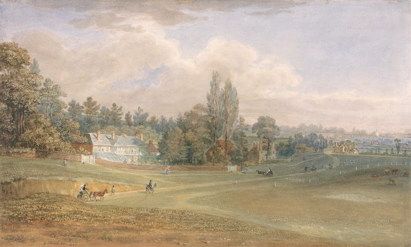 Landscape watercolor on paper by George Johann Scharf depicting Reigate Heath with soft golden light.