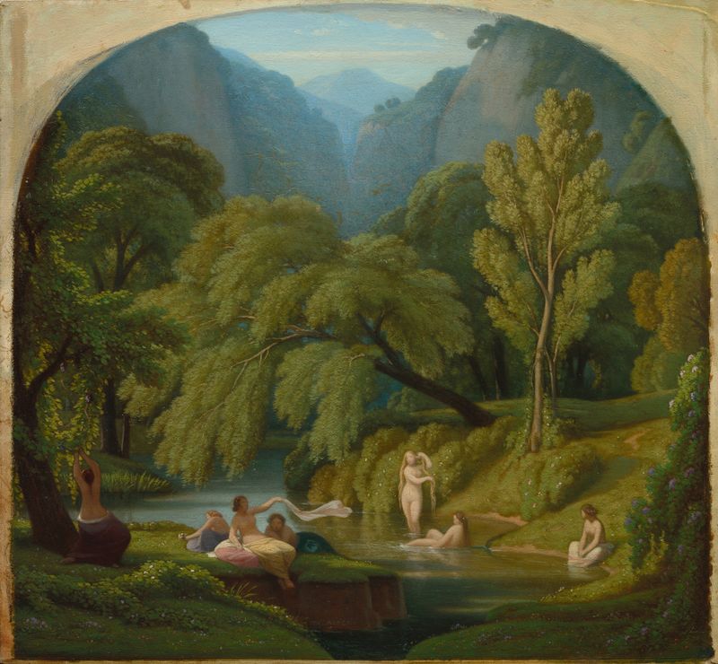The Bathers by Théodore Caruelle d'Aligny, oil painting depicting figures by a tranquil river.