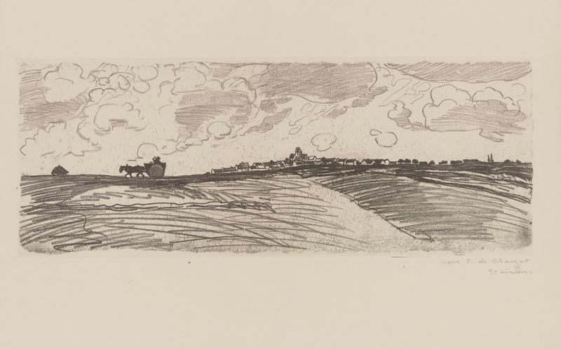 Village et charrette de Théophile Alexandre Steinlen, óleo sobre tela representando um carro em uma aldeia.