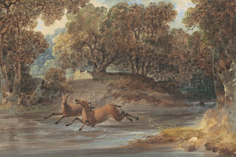 Landscape with Deer, oil on canvas by Joshua Shaw, featuring rolling hills and a sunset.