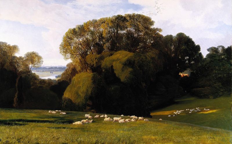 Paisaje de Edward Lear, 1860, con suaves tonos pastel que se mezclan en el horizonte