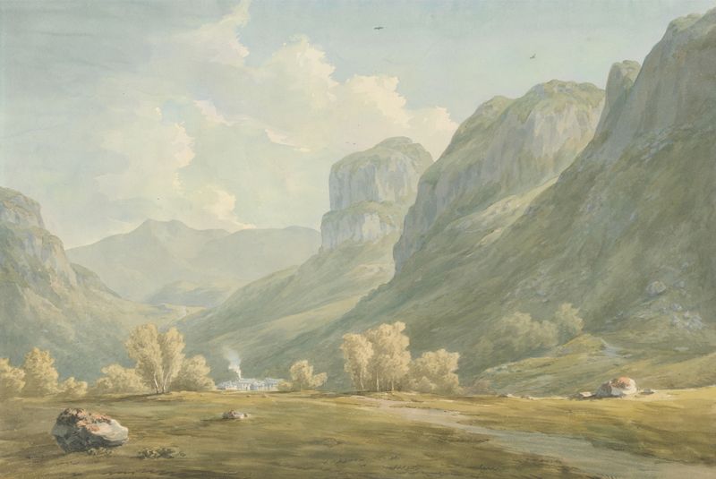 Village of Stonethwaite and Eagle Cragg, Borrowdale by John Warwick Smith, landscape oil painting