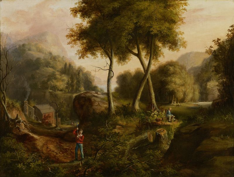 Landscape by Thomas Cole, oil painting depicting gentle hills and a vast sky.
