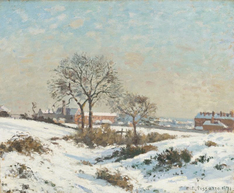 Paisagem nevada com uma aldeia e árvores no inverno, óleo sobre tela de Camille Pissarro