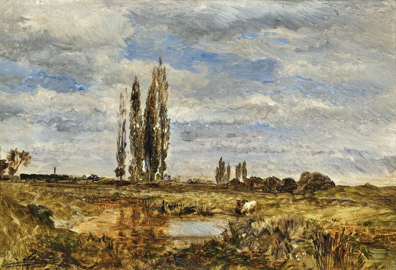 Landschaft bei Lundenburg óleo de Emil Jakob Schindler con suaves tonos y luz suave.