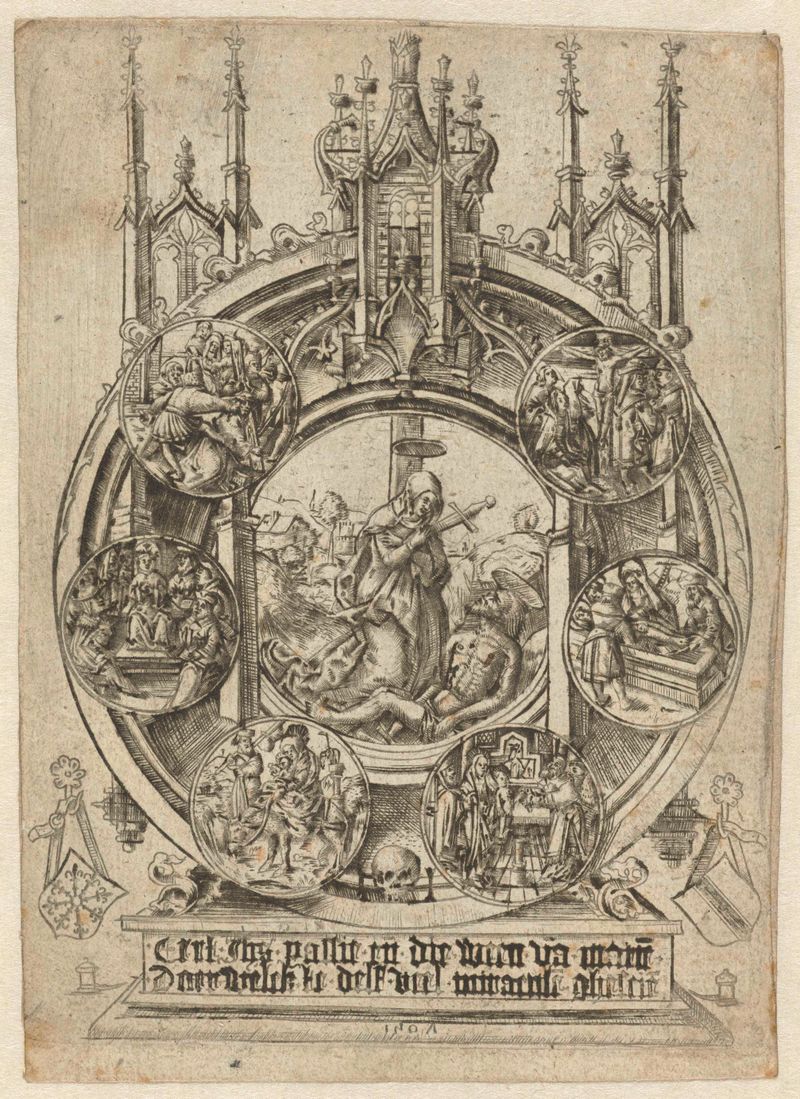 Engraving by Meester II met doodshoofd depicting the mourning of Christ in a shrine