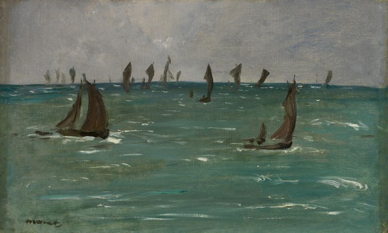 Boats at Berck-sur-Mer by Édouard Manet, oil on canvas depicting anchored boats in a coastal scene