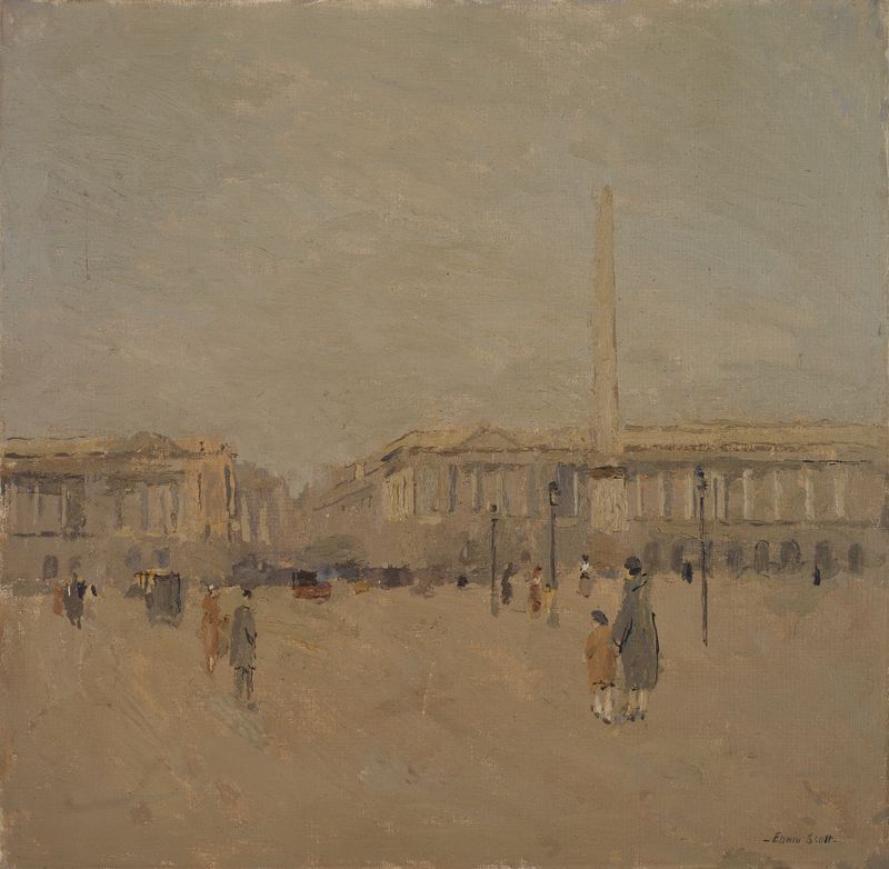 Figurative scene with figures in cool hues by Frank Edwin Scott, oil painting