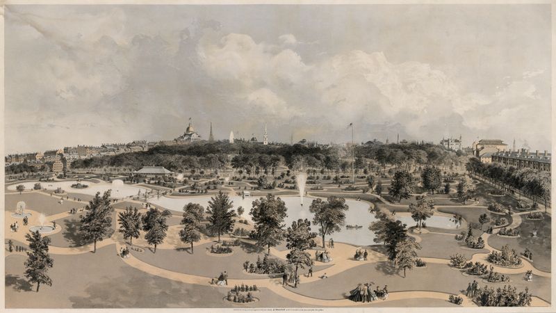 Engraving by John H. Bufford's & Sons depicting a garden with a pond and swan.