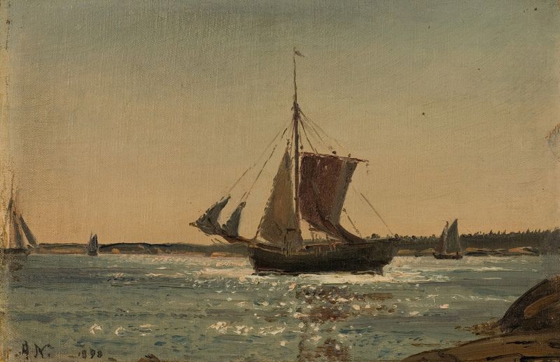 Cena marinha com reflexos na água ao amanhecer de Amaldus Nielsen, Impressionismo