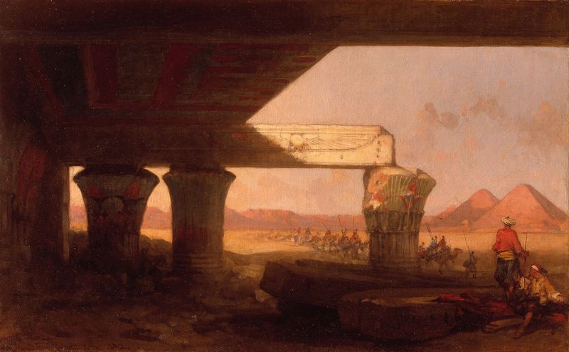 Paisagem egípcia óleo de David Roberts com pirâmides e deserto.