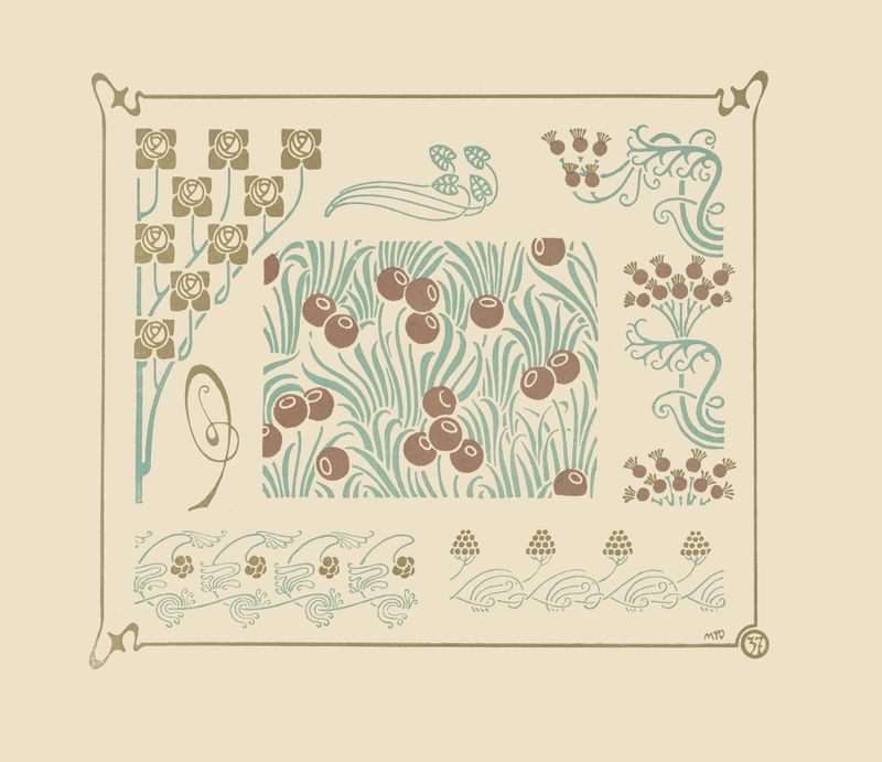 Design botânico abstrato com frutas e botões de flores de Maurice Pillard Verneuil.