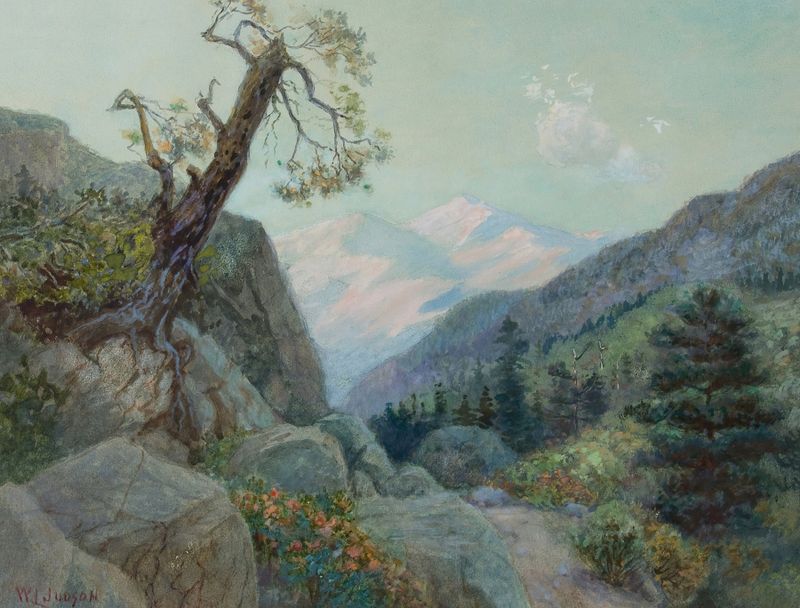 Mountain Trail de William Lees Judson, pintura a óleo que retrata uma paisagem serena com montanhas.