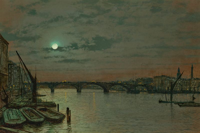 London Bridge de John Atkinson Grimshaw, óleo sobre lienzo, escena de crepúsculo con reflejos en el agua