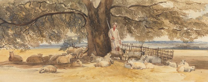 Cena figurativa de um pastor com rebanho sob uma grande árvore, de Arthur James Stark