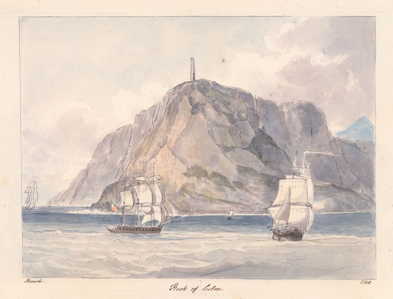 Rock of Lisbon de Charles Hamilton Smith, aquarela sobre papel representando penhascos e um mar tumultuoso.