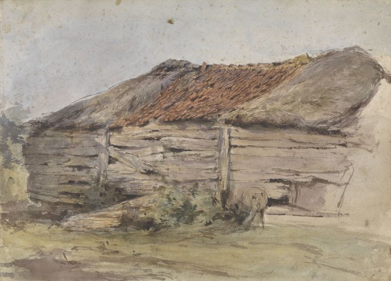Landscape depicting a barn at twilight by Willem Anthonie van Deventer, oil painting