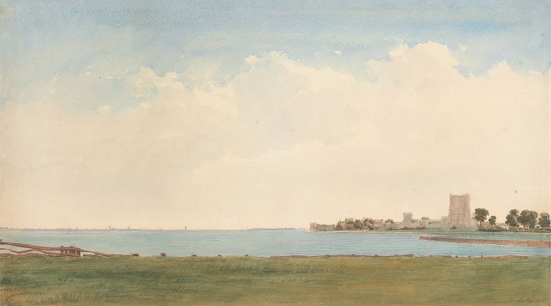Pintura a óleo de William Turner of Oxford retratando Porchester Castle e uma aldeia à beira da água.