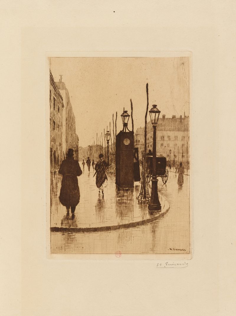 Avenue Trudaine de Henri-Charles Guérard, retratando uma cena de rua parisiense em um meio desconhecido.